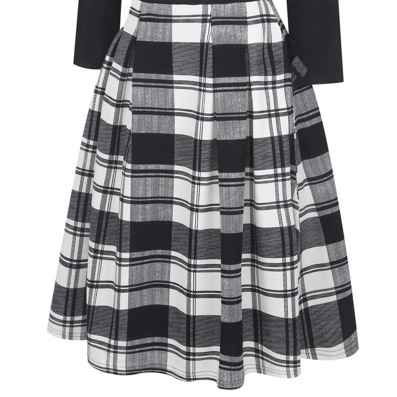 oxiuly Women's Classic Plaid Patchwork Vintage Dress Elegant Work Midi Party Casual Dresses with Pockets OX165 (Black Plaid P7, s) - Image 4